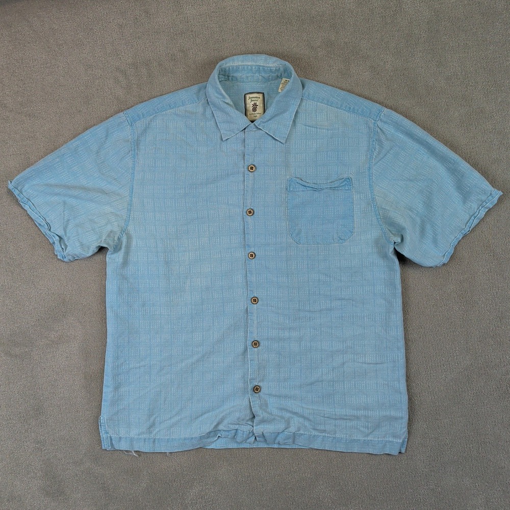 Jamaica Jaxx Silk Shirt Mens Medium Blue Jacquard Short Sleeve Button Up Top